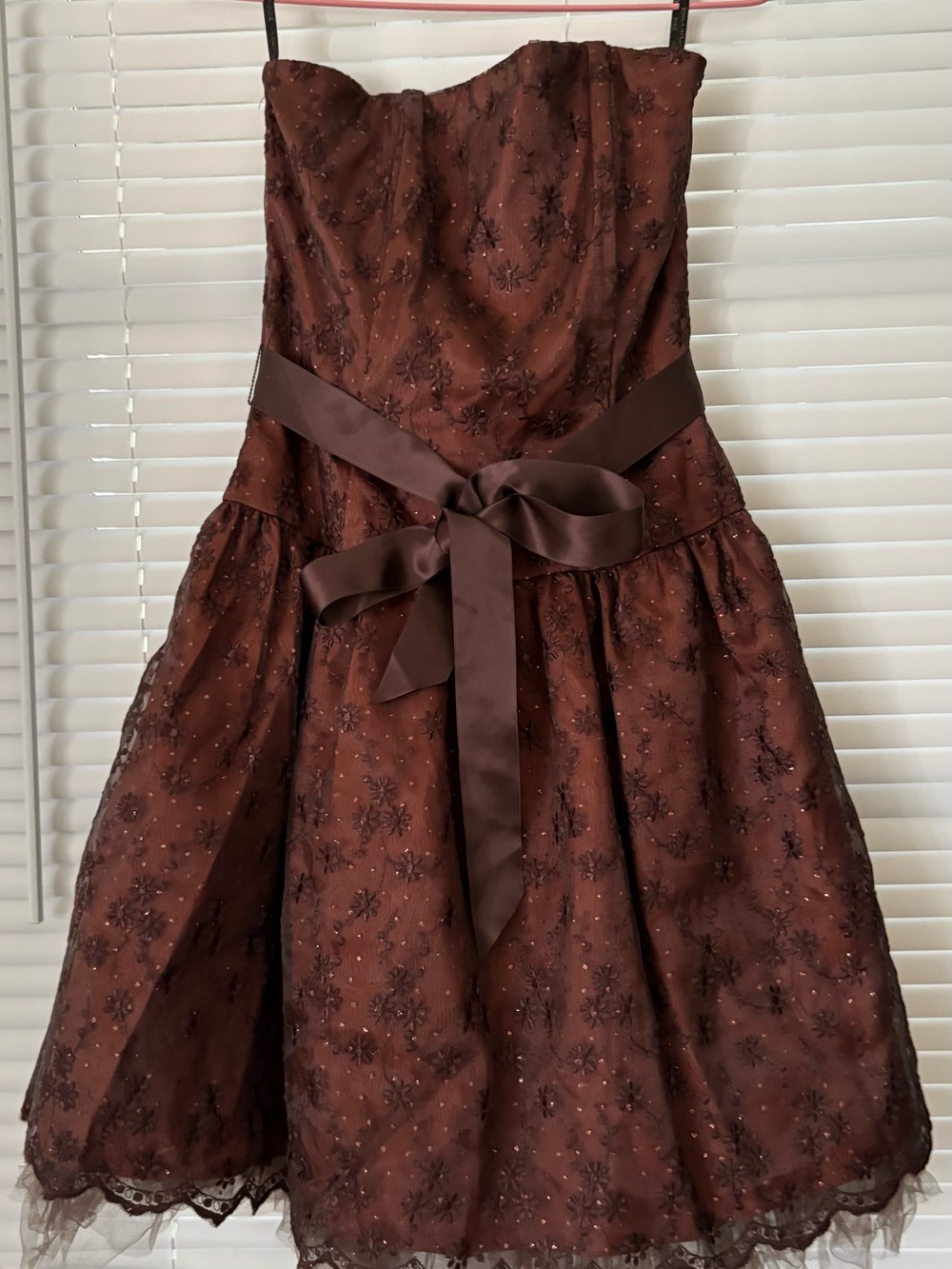 Strapless Brown Lace Party Dress with Satin Waist Tie